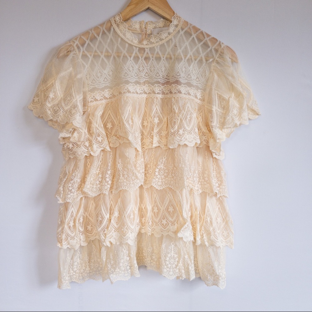 NEW Champagne & Strawberry Blush High Neck Tiered Lace FairyCore Blouse